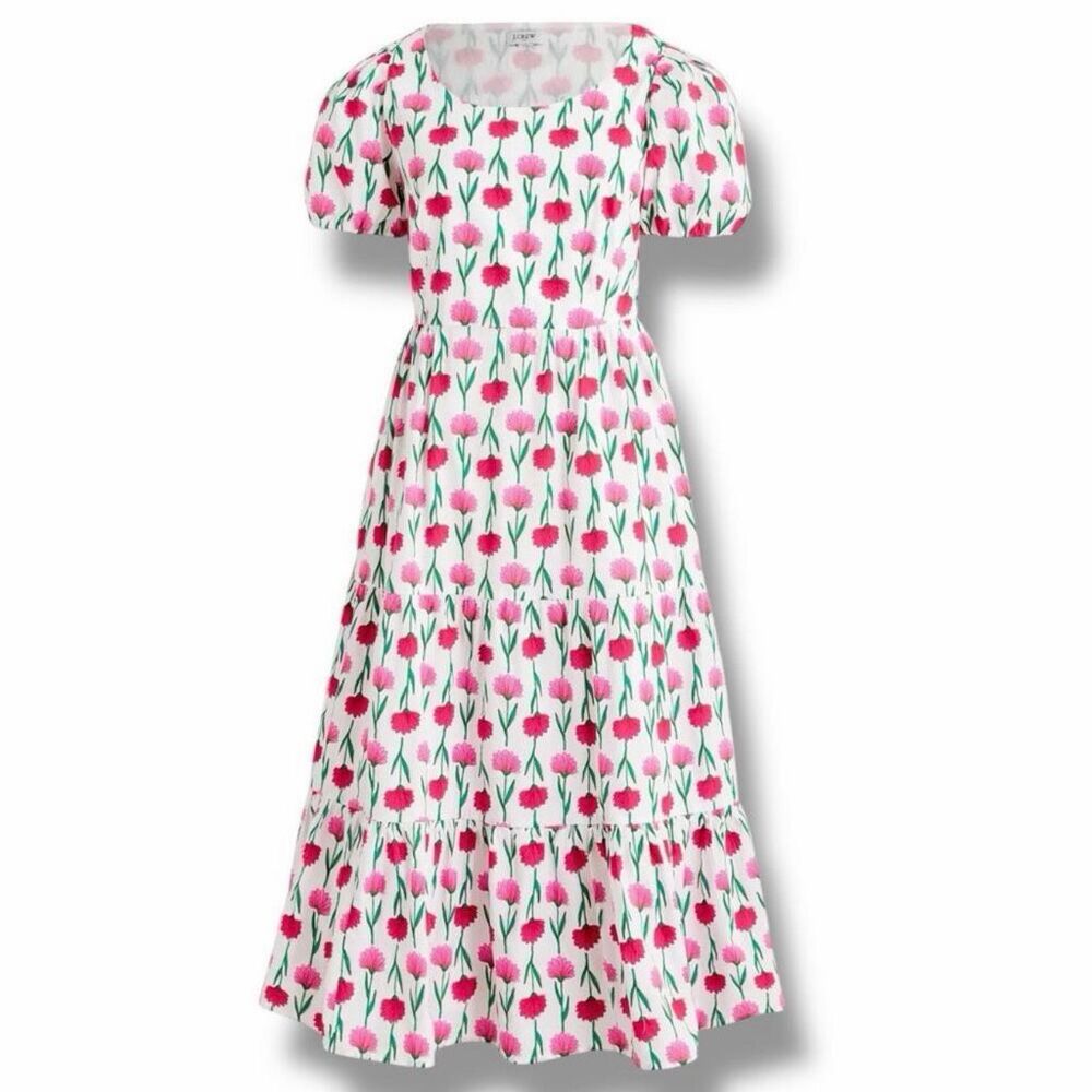 J Crew Size 14 Floral Tiered Poplin Puff-Sleeve Floral Midi Dress Pockets